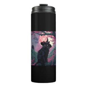 Mystical Sakura Black Cat Hexenhut zu Halloween Thermosbecher