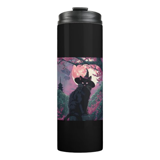 Mystical Sakura Black Cat Hexenhut zu Halloween Thermosbecher (Vorderseite)