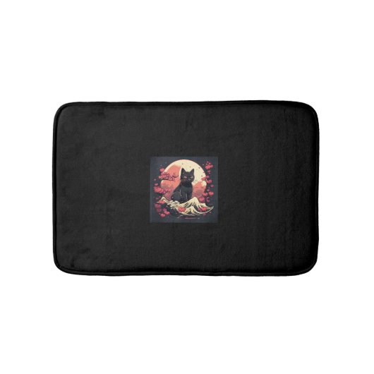 Mystical Sakura Night_ Schwarze Katze mit Vollmond Badematte (Vorderseite)