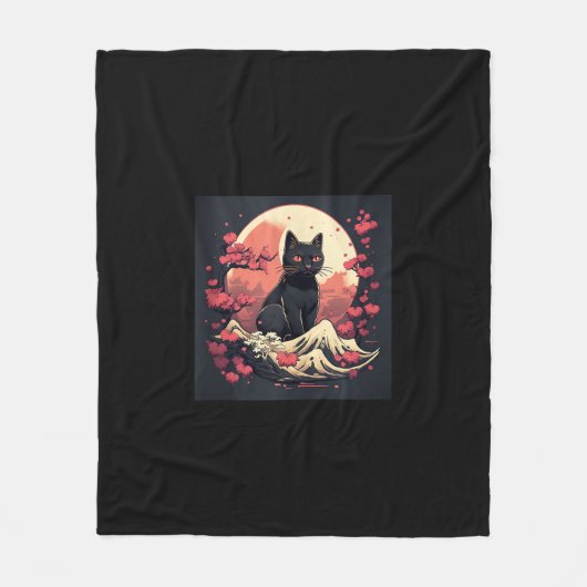 Mystical Sakura Night_ Schwarze Katze mit Vollmond Fleecedecke (Vorderseite)