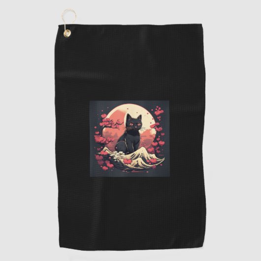 Mystical Sakura Night_ Schwarze Katze mit Vollmond Golfhandtuch (Vorderseite)