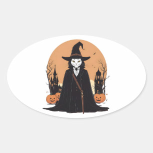 Mystical Salem Black Cat mit Pumpkins Ovaler Aufkleber