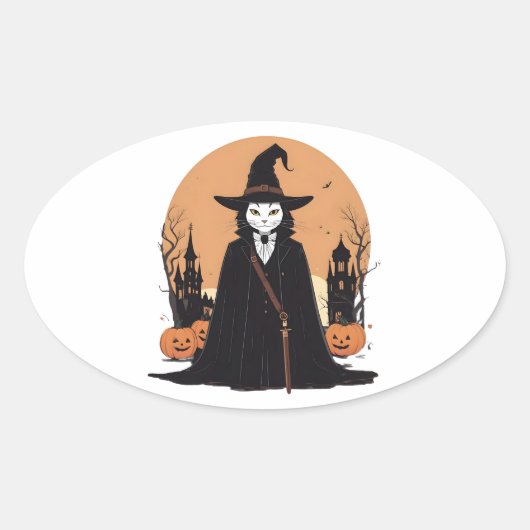 Mystical Salem Black Cat mit Pumpkins Ovaler Aufkleber (Vorderseite)