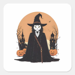 Mystical Salem Black Cat mit Pumpkins Quadratischer Aufkleber