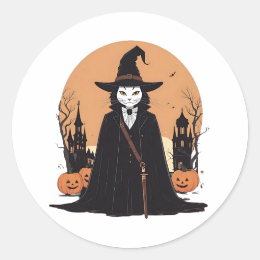 Mystical Salem Black Cat mit Pumpkins Runder Aufkleber (Vorderseite)