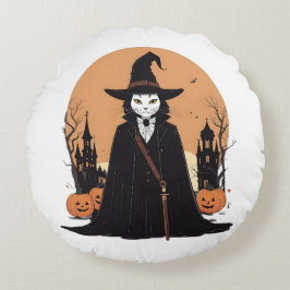 Mystical Salem Black Cat mit Pumpkins Rundes Kissen