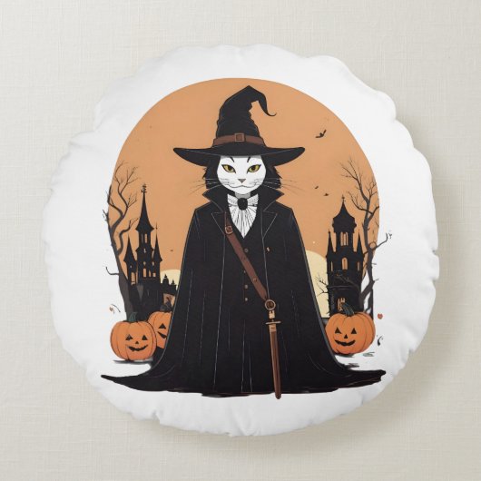 Mystical Salem Black Cat mit Pumpkins Rundes Kissen (Vorderseite)