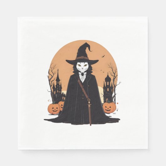 Mystical Salem Black Cat mit Pumpkins Serviette (Vorderseite)
