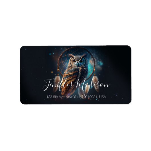 Mystical Space Owl with Dreamcatcher Art        Adressaufkleber (Vorne)