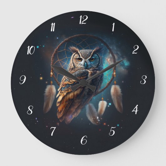 Mystical Space Owl with Dreamcatcher Art Große Wanduhr (Vorderseite)