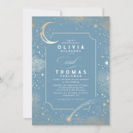 Mystical Stars Moon Dusty Blue Wedding Einladung