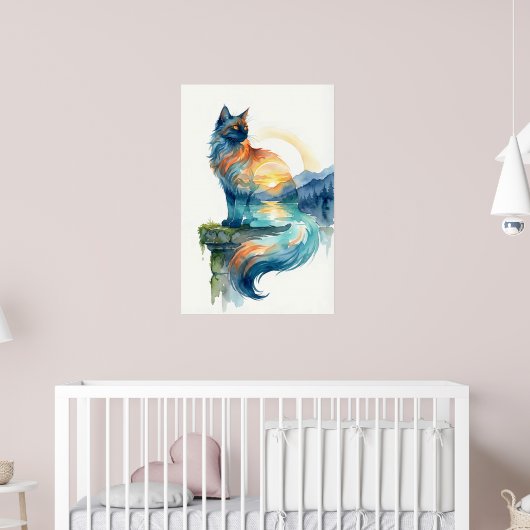 Mystical Sunset Cat Double Exposure Watercolor Poster (Kinderzimmer 2)