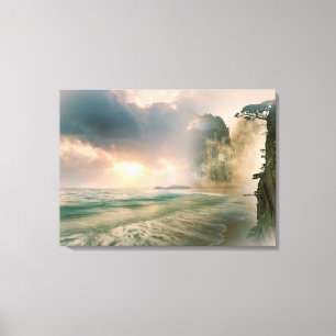 Mystical Sunset on Beach Ocean Cliff Scene Artwork Leinwanddruck