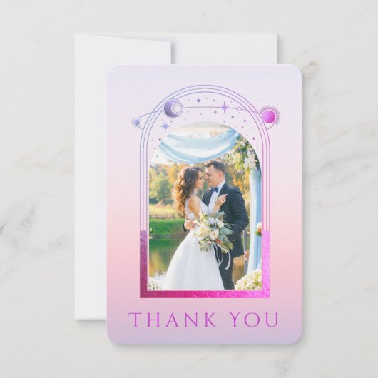 Mystical Sunset Pink Star Moon Stars Foto Hochzeit Dankeskarte (Vorderseite)