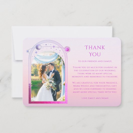 Mystical Sunset Pink Sun Moon Star Foto Wedding Dankeskarte (Vorderseite)