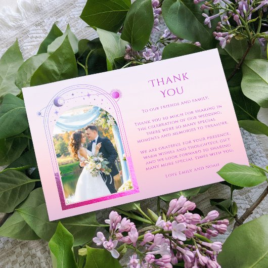 Mystical Sunset Pink Sun Moon Star Foto Wedding Dankeskarte