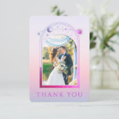 Mystical Sunset Pink Sun Moon Star Foto Wedding Dankeskarte (Stehend Vorderseite)