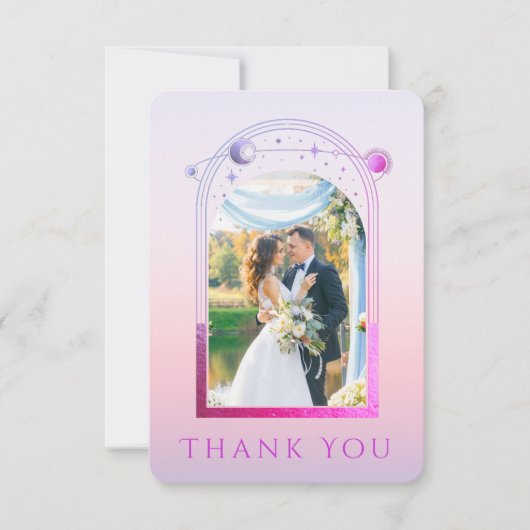 Mystical Sunset Pink Sun Moon Stars Foto Hochzeit Dankeskarte (Vorderseite)