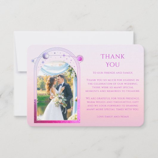 Mystical Sunset Pink Sun Moon Stars Foto Hochzeit Dankeskarte (Vorderseite)