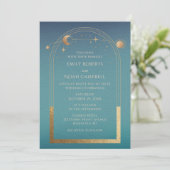 Mystical Teal Gold Sun Star Moon Astronomy Space Einladung (Stehend Vorderseite)