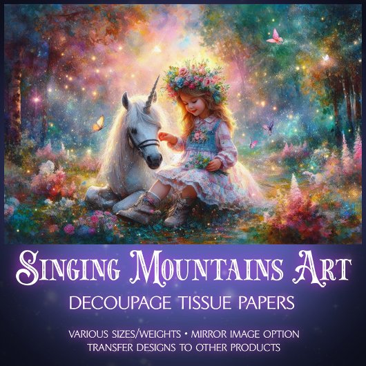 Mystical Unicorn and Girl In Forest Decoupage  Seidenpapier