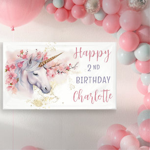 Mystical Unicorn   Pink Floral Girl 2. Geburtstag Banner