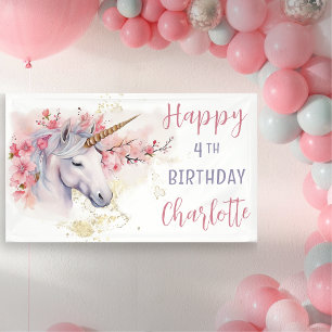 Mystical Unicorn Pink Floral Girl 4. Geburtstag Banner