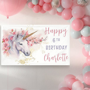 Mystical Unicorn   Pink Floral Girl 6. Geburtstag Banner