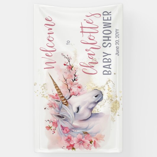 Mystical Unicorn | Pink Floral Girl Babydusche Banner (Vertikal)