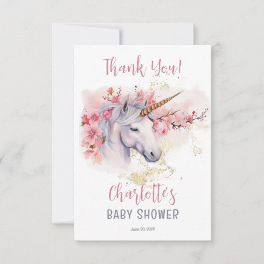 Mystical Unicorn | Pink Floral Girl Babydusche Dankeskarte (Vorderseite)