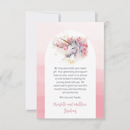 Mystical Unicorn | Pink Floral Girl Babydusche Dankeskarte (Rückseite)