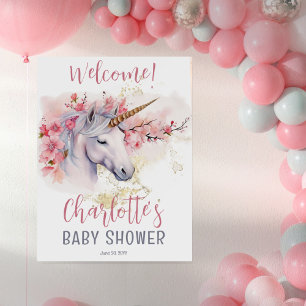 Mystical Unicorn   Pink Floral Girl Babydusche Poster