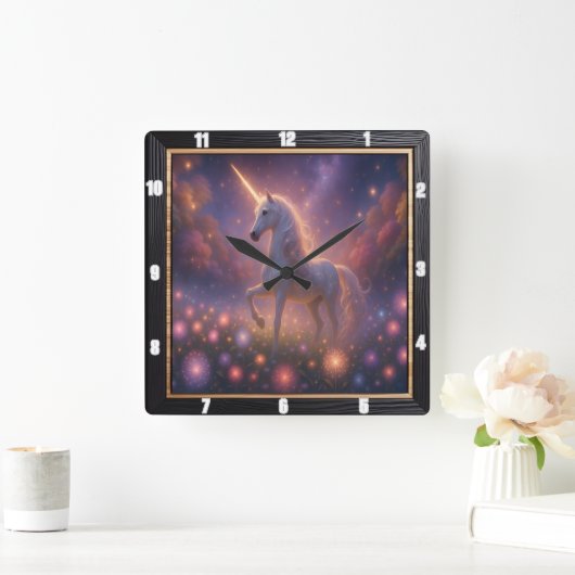 Mystical Unicorn Starry Blume Quadratische Wanduhr (Zuhause)