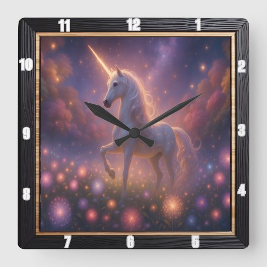 Mystical Unicorn Starry Blume Quadratische Wanduhr (Vorderseite)