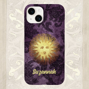 Mystical Vintag Sun Face on Lila Imitats Brocade Case-Mate iPhone 14 Hülle