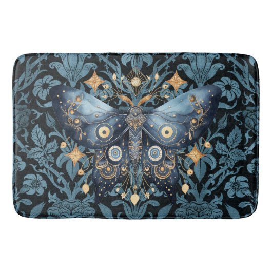 Mystical Watercolor Blue and Gold Night Moth Badematte (Vorderseite)