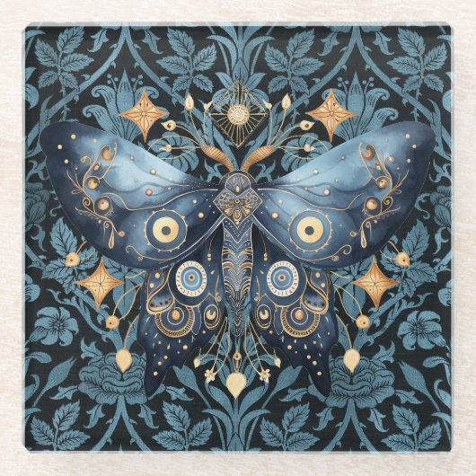 Mystical Watercolor Blue and Gold Night Moth Glasuntersetzer (Vorderseite)