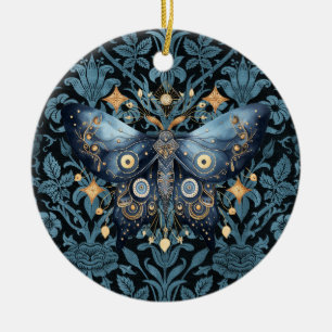 Mystical Watercolor Blue and Gold Night Moth Keramik Ornament