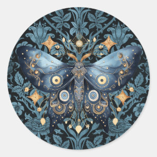 Mystical Watercolor Blue and Gold Night Moth Runder Aufkleber
