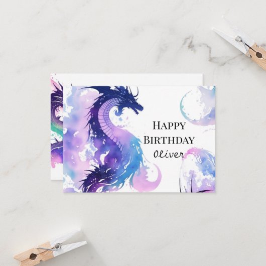 Mystical Watercolor Dragon Birthday Karte (Vorderseite/Rückseite Beispiel)