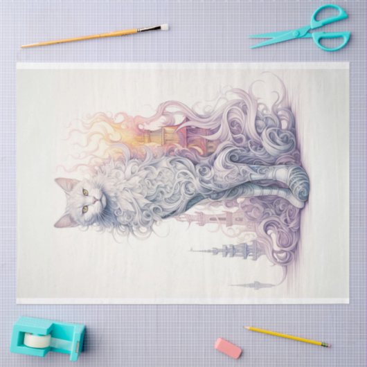 Mystical Whimsical White Cat Decoupage Seidenpapier (Basteln)