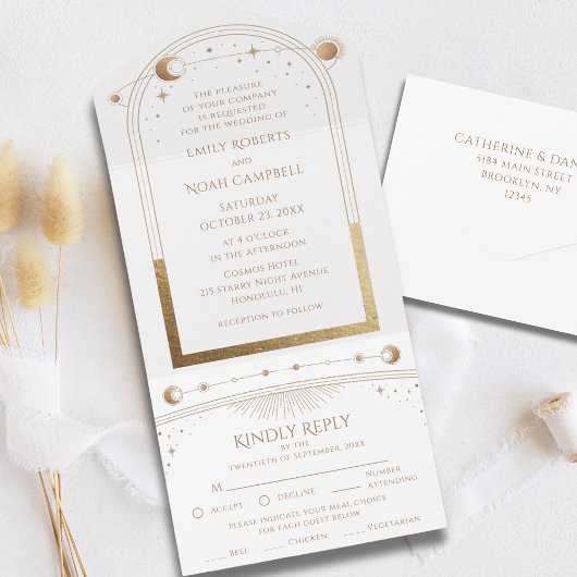 Mystical White Gold Sun Star Moon Astronomie Space All In One Einladung