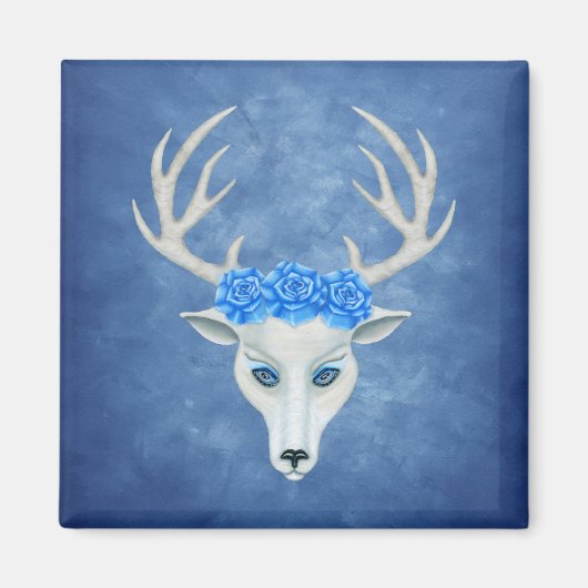 Mystical White Hirsch Head Big Antlers Blue Rose Magnet (Vorne)