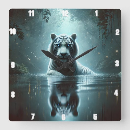 Mystical White Tiger Forest Timepiece Quadratische Wanduhr (Vorderseite)