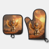 Mystical Winged Cat Sphinx - Ägyptische Fantasieku Ofenhandschuh & Topflappen-Set (Vorderseite)