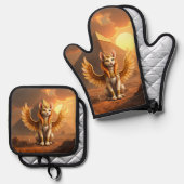 Mystical Winged Cat Sphinx - Ägyptische Fantasieku Ofenhandschuh & Topflappen-Set (Vorderseite/Rückseite)