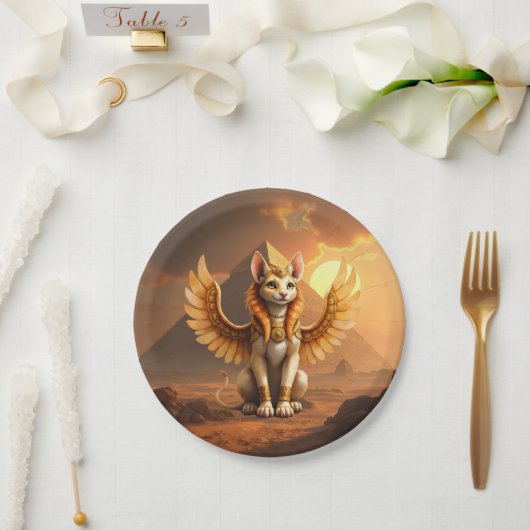 Mystical Winged Cat Sphinx - Ägyptische Fantasieku Pappteller (Hochzeit)