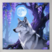 Mystical Wolf and Wisteria Moon Fantasy Art Print Poster (Vorne)