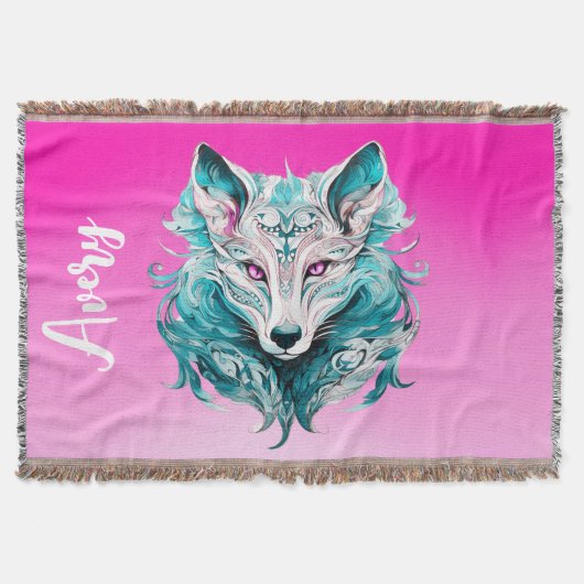 Mystical Wolf | Elegant Türkis & Pink Wolf Decke (Vorderseite)