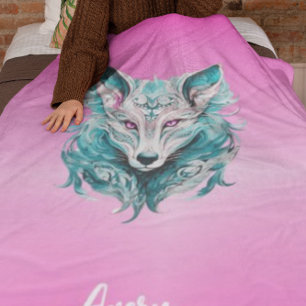 Mystical Wolf Elegant Türkis & Pink Wolf Fleecedecke